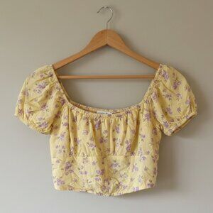 Hollister Yellow Floral Smocked Crop Top Purple Accents Size Small